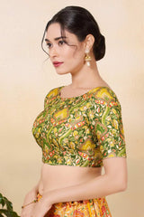 Green Jacquard Woven Elbow Sleeves Blouse