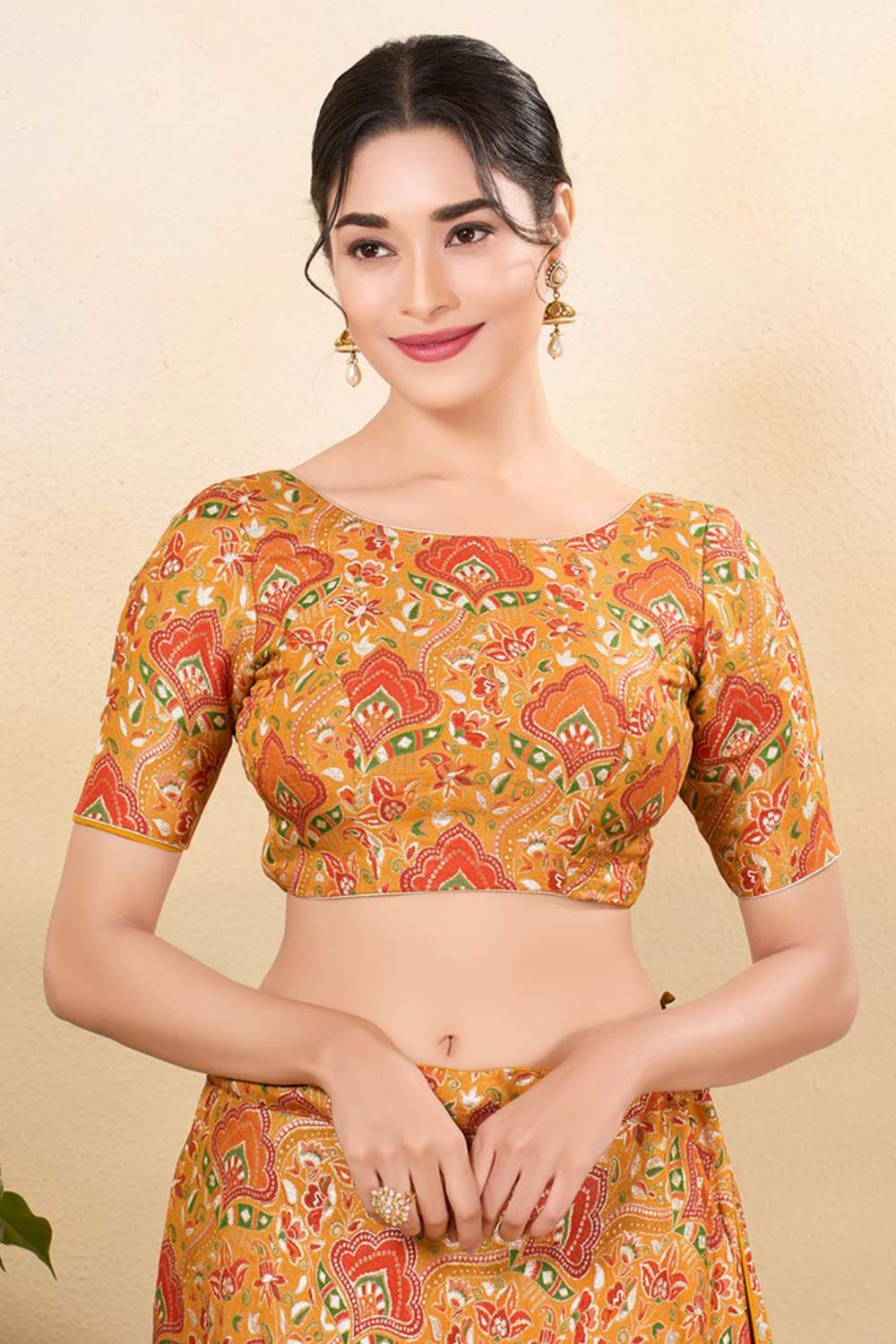 Mustard Jacquard Woven Elbow Sleeves Blouse