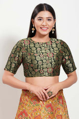 Bottle Green Brocade Boat Neck Elbow Sleeves Blouse