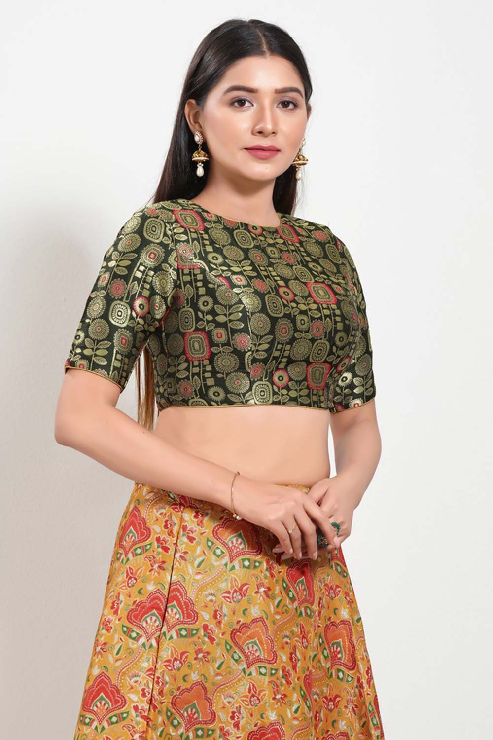 Bottle Green Brocade Boat Neck Elbow Sleeves Blouse