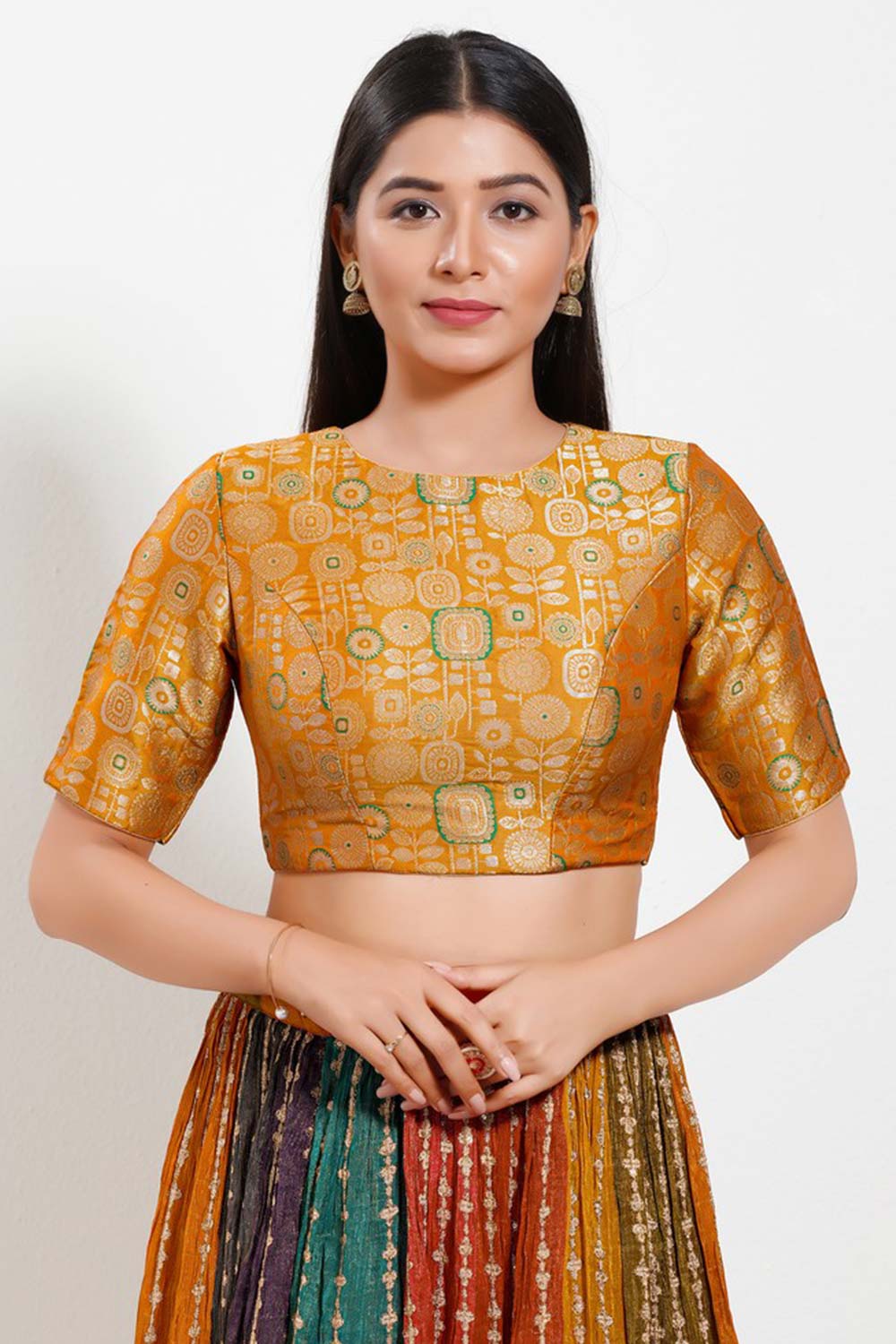 Mustard Brocade Boat Neck Elbow Sleeves Blouse