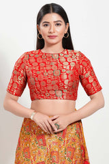 Red Brocade Boat Neck Elbow Sleeves Blouse