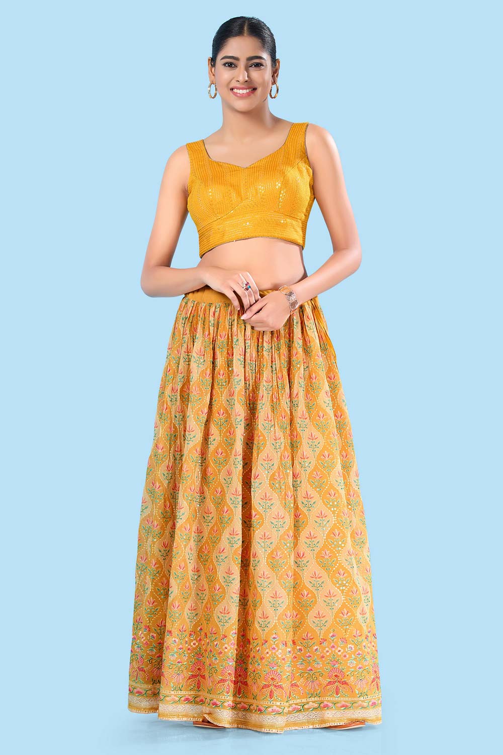 Yellow Brocade Back Open Sleeveless Blouse