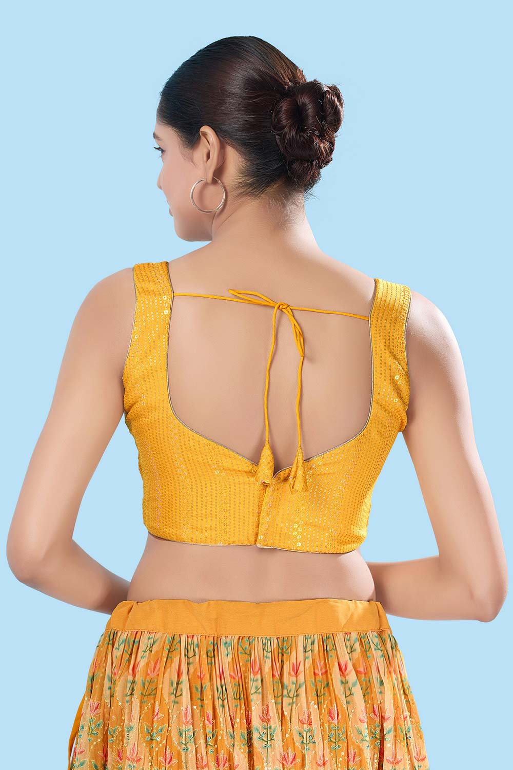 Yellow Brocade Back Open Sleeveless Blouse