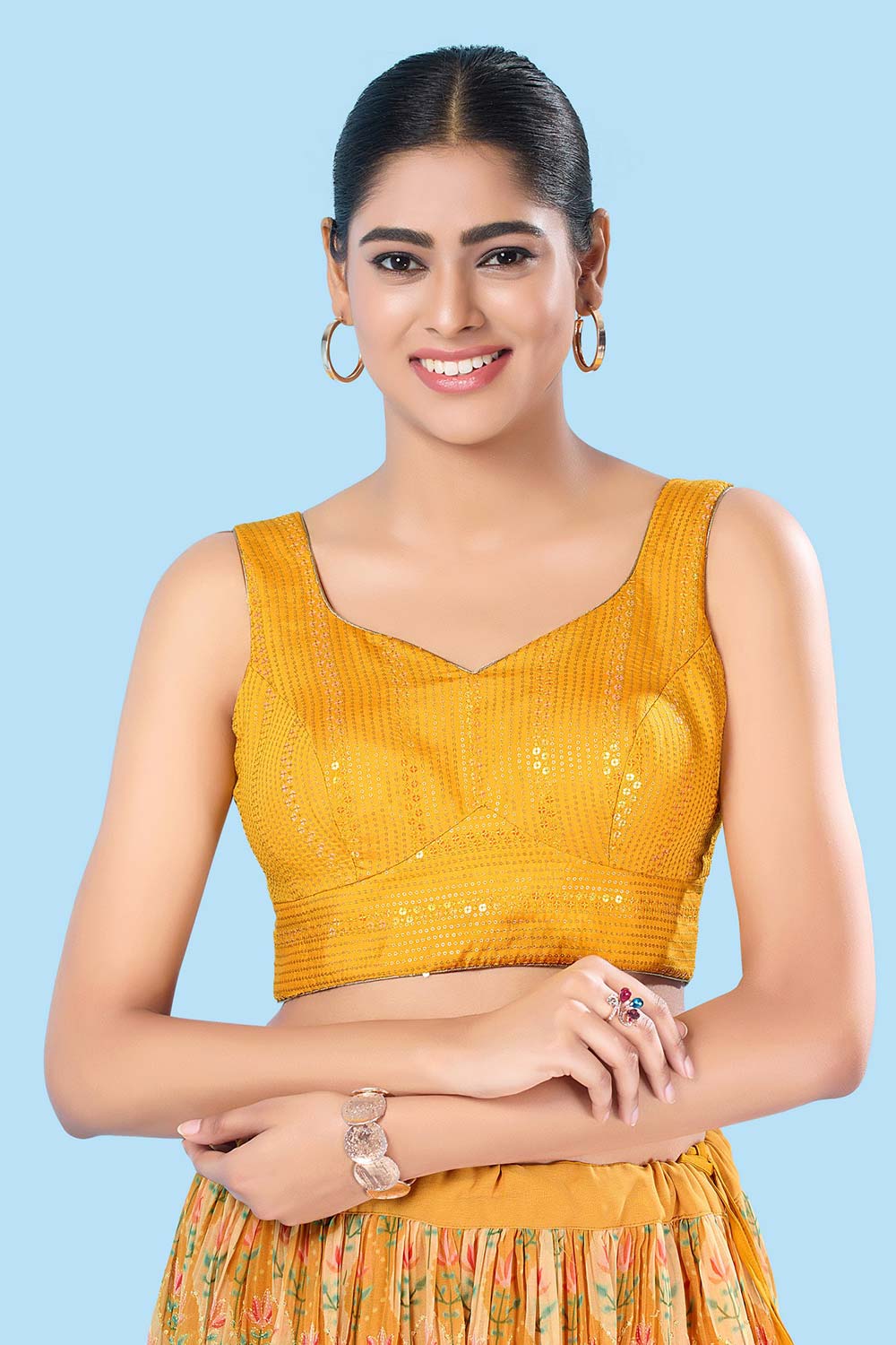 Yellow Brocade Back Open Sleeveless Blouse