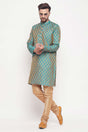 Buy Men's Turquoise And Rose Gold Silk Blend Ethnic Motif Woven Design Kurta Pajama Jacket Set Online