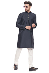 Buy Men's Navy Blue And Cream Silk Blend Ethnic Motif Woven Design Kurta Pajama Jacket Set Online - Zoom Out