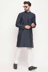 Buy Men's Navy Blue And Cream Silk Blend Ethnic Motif Woven Design Kurta Pajama Jacket Set Online