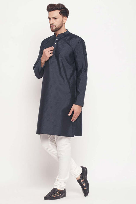 Buy Men's Navy Blue And Cream Silk Blend Ethnic Motif Woven Design Kurta Pajama Jacket Set Online - Back