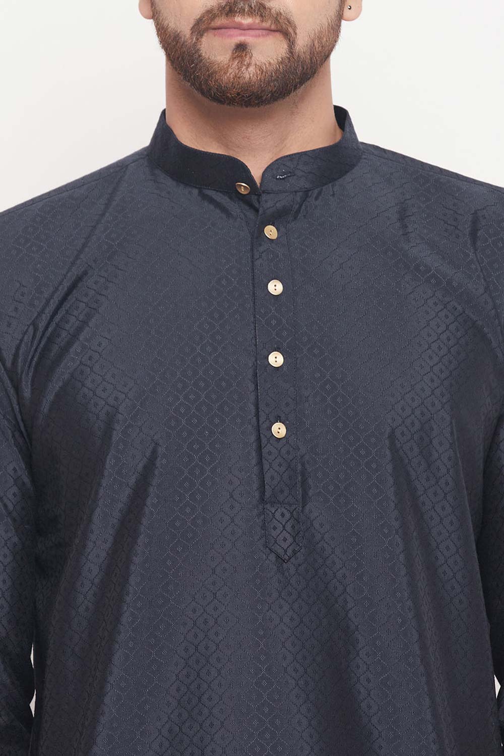 Buy Men's Navy Blue And Cream Silk Blend Ethnic Motif Woven Design Kurta Pajama Jacket Set Online - Side