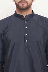 Buy Men's Navy Blue And Cream Silk Blend Ethnic Motif Woven Design Kurta Pajama Jacket Set Online - Side