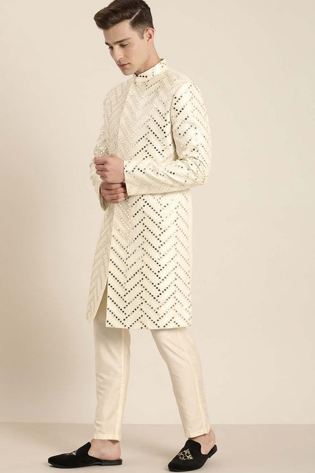 Buy Men's Cream Silk Blend Mirror Work Embroidered Sherwani Set Online - Side