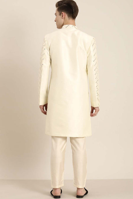 Buy Men's Cream Silk Blend Mirror Work Embroidered Sherwani Set Online - Zoom In