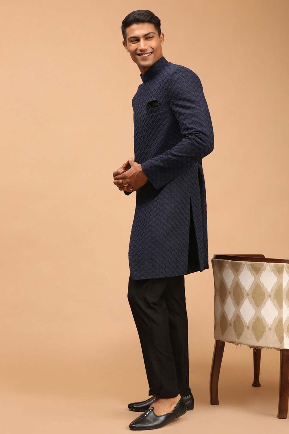 Buy Men's Navy Blue And Black Silk Blend Self Woven Design Sherwani Set Online - Back