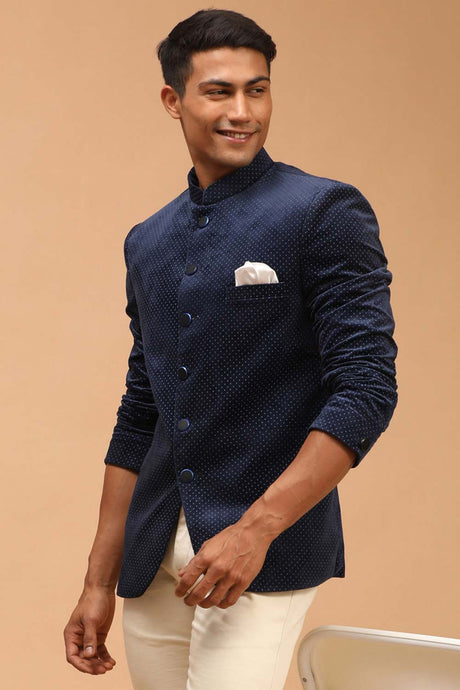 Buy Men's Blue Velvet Polka Dot Print Jodhpuri Jacket Online - Back