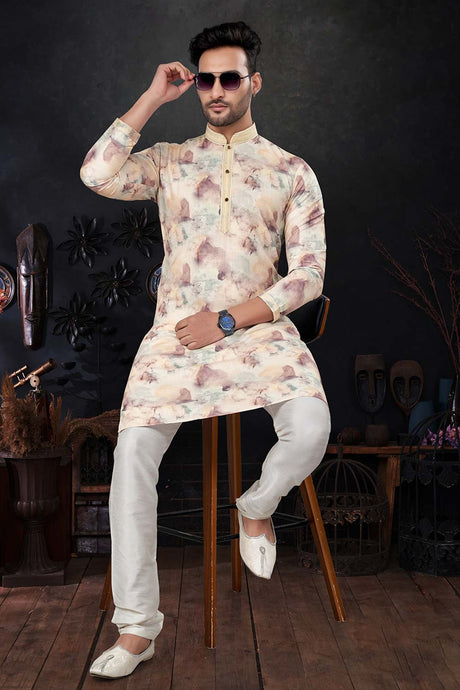 Men's Light Yellow Silk Embroidered Kurta Pajama