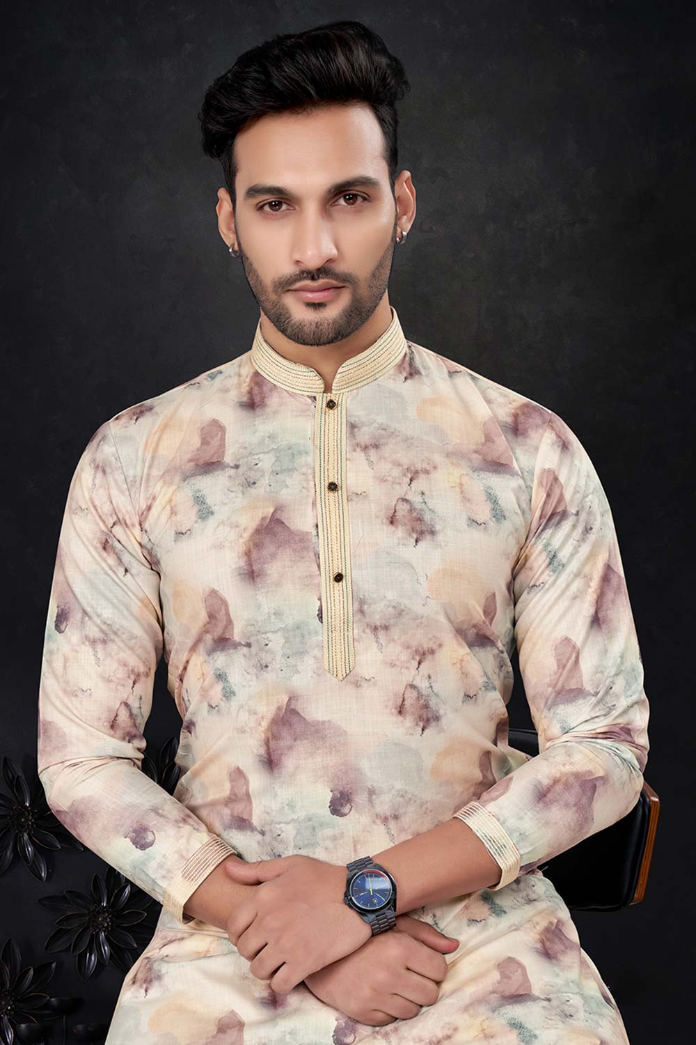 Men's Light Yellow Silk Embroidered Kurta Pajama