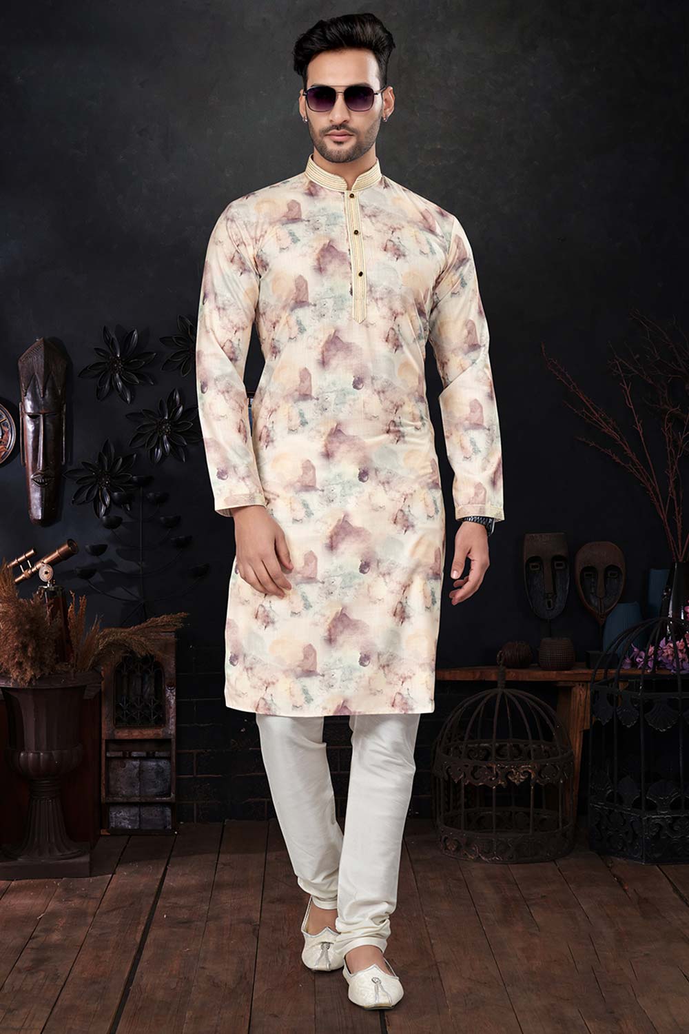 Men's Light Yellow Silk Embroidered Kurta Pajama