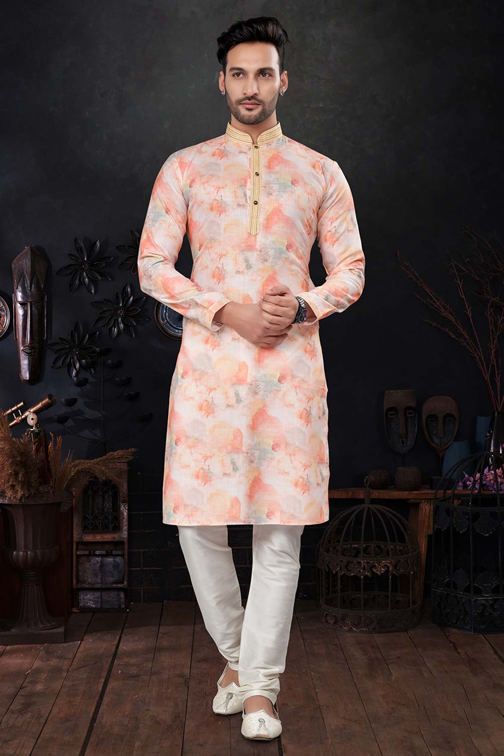 Men's Pink Silk Embroidered Kurta Pajama