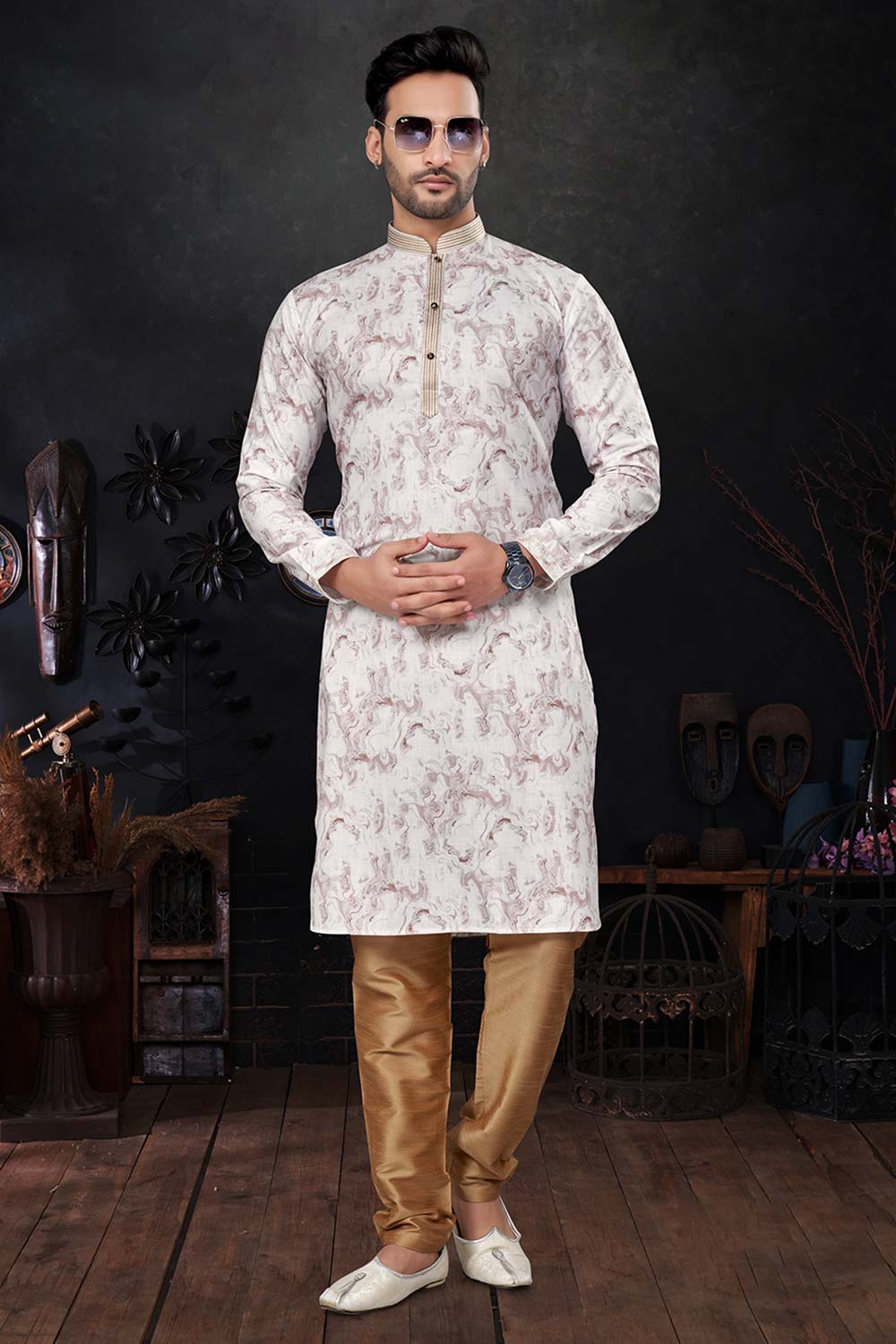 Men's Cream Silk Embroidered Kurta Pajama