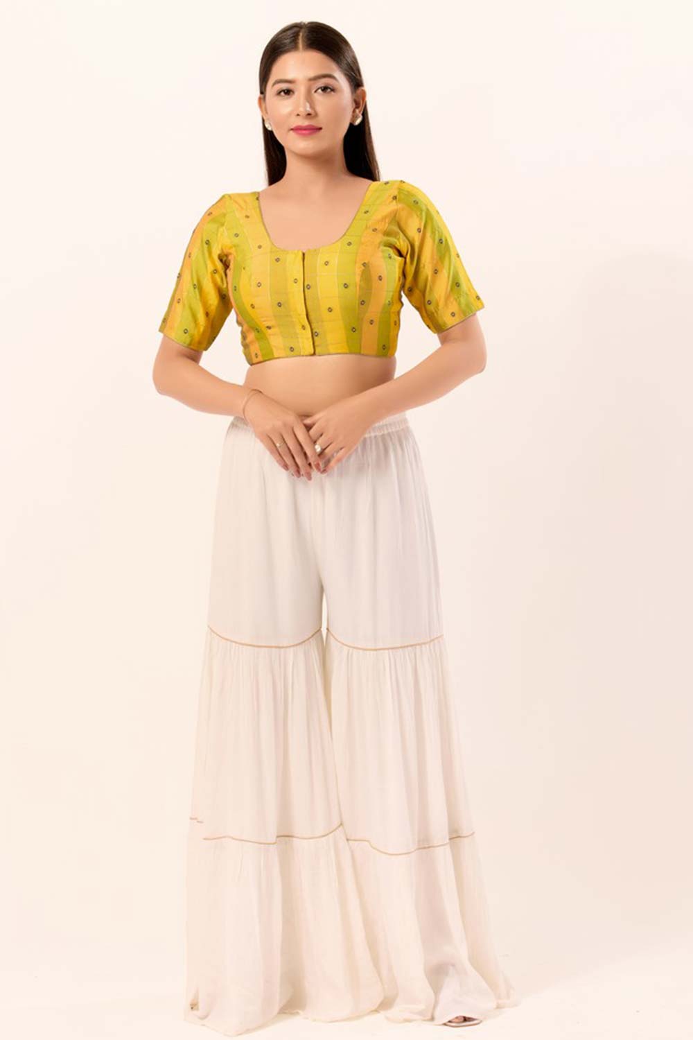 Yellow Brocade Round Neck Elbow Sleeves Blouse