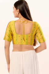 Yellow Brocade Round Neck Elbow Sleeves Blouse