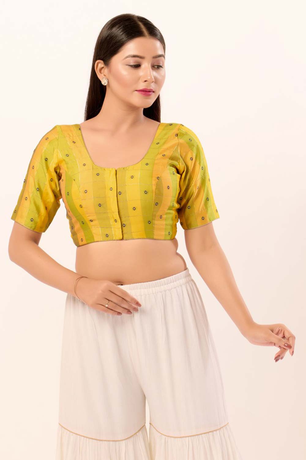 Yellow Brocade Round Neck Elbow Sleeves Blouse