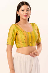 Yellow Brocade Round Neck Elbow Sleeves Blouse