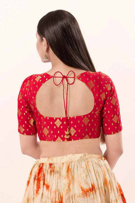 Red Brocade Sweatheart Neck Elbow Sleeves Blouse