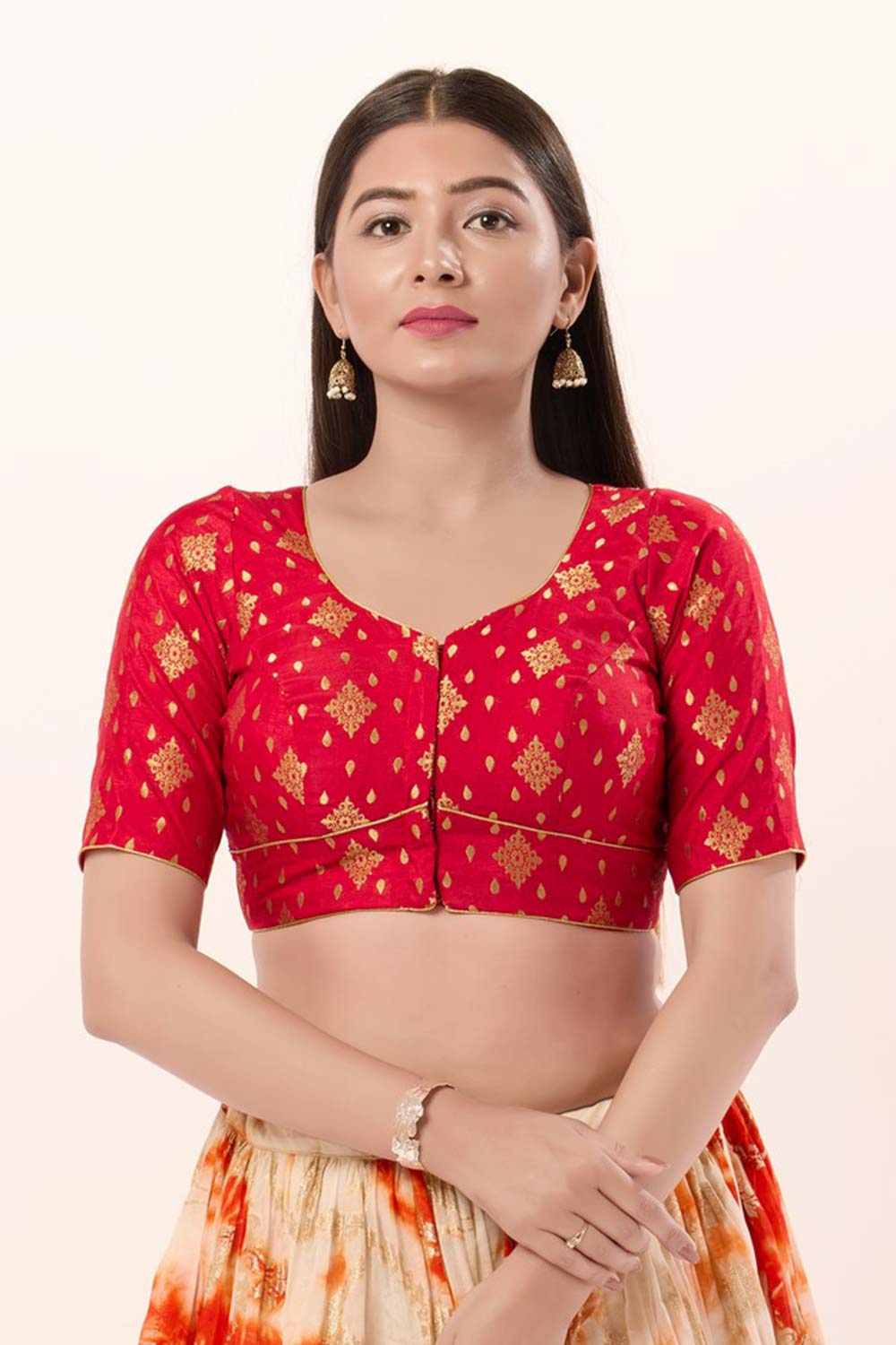 Red Brocade Sweatheart Neck Elbow Sleeves Blouse