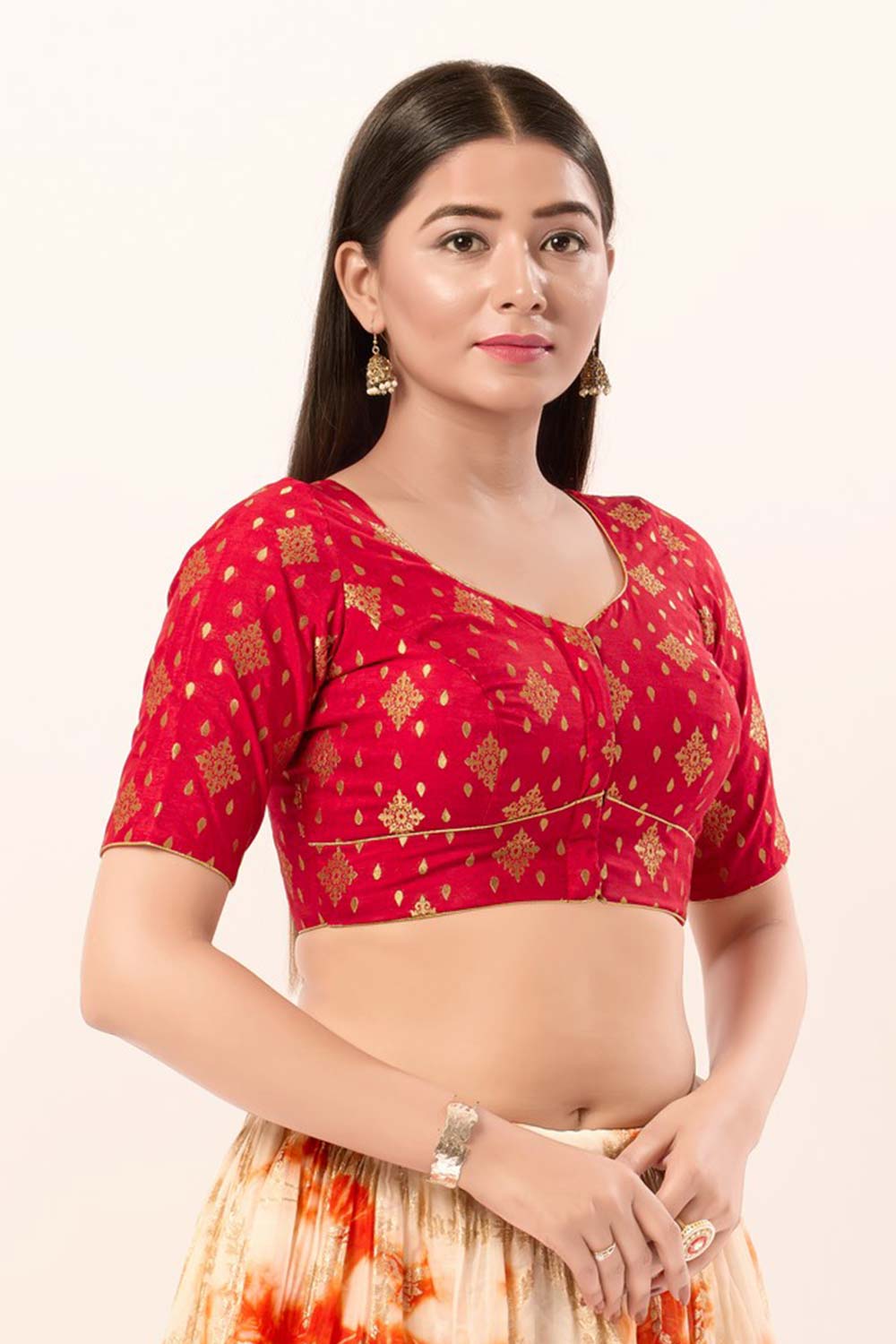 Red Brocade Sweatheart Neck Elbow Sleeves Blouse