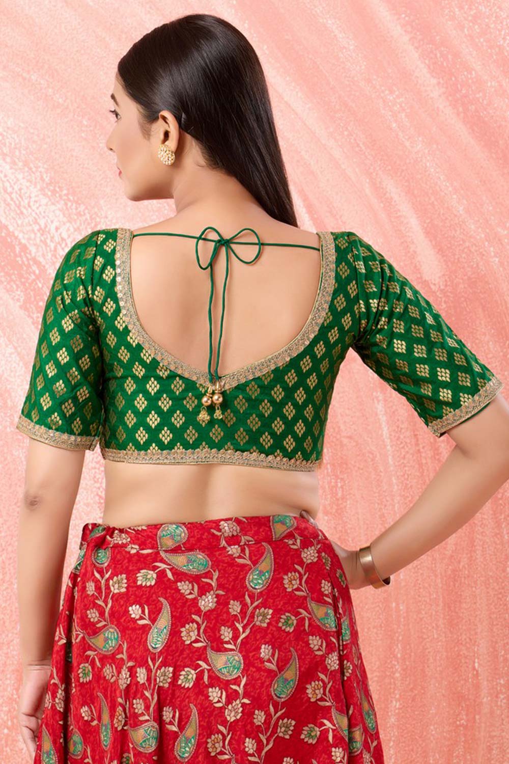 Green Brocade Sweatheart Neck Elbow Sleeves Blouse