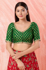 Green Brocade Sweatheart Neck Elbow Sleeves Blouse