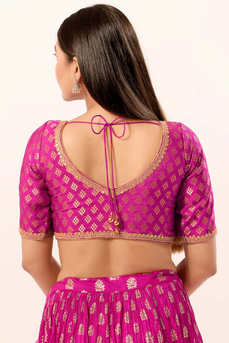 Pink Brocade Sweatheart Neck Elbow Sleeves Blouse