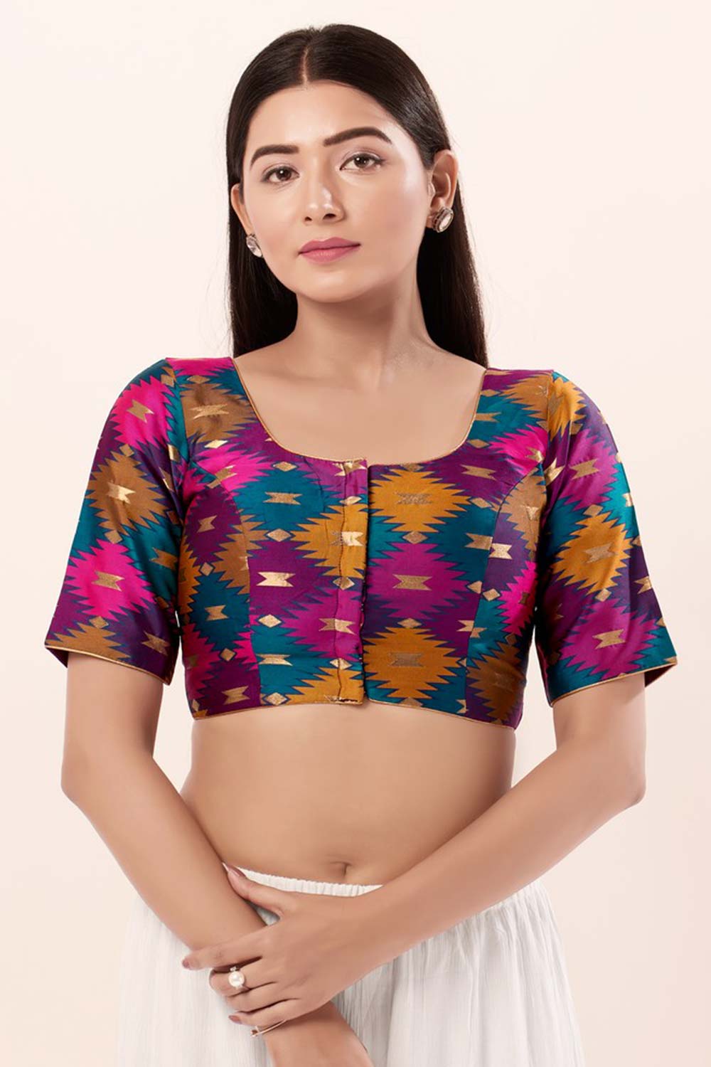 Purple Brocade Round Neck Elbow Sleeves Blouse