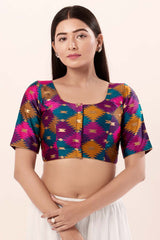 Purple Brocade Round Neck Elbow Sleeves Blouse