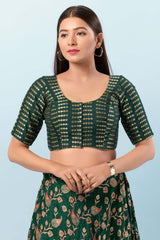 Bottle Green Brocade Round Neck Elbow Sleeves Blouse