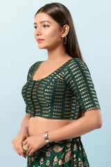 Bottle Green Brocade Round Neck Elbow Sleeves Blouse