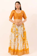 Mustard Brocade Round Neck Elbow Sleeves Blouse