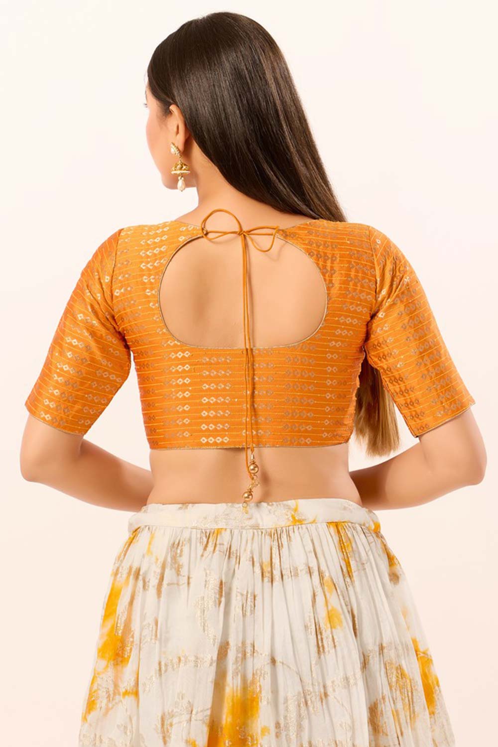 Mustard Brocade Round Neck Elbow Sleeves Blouse