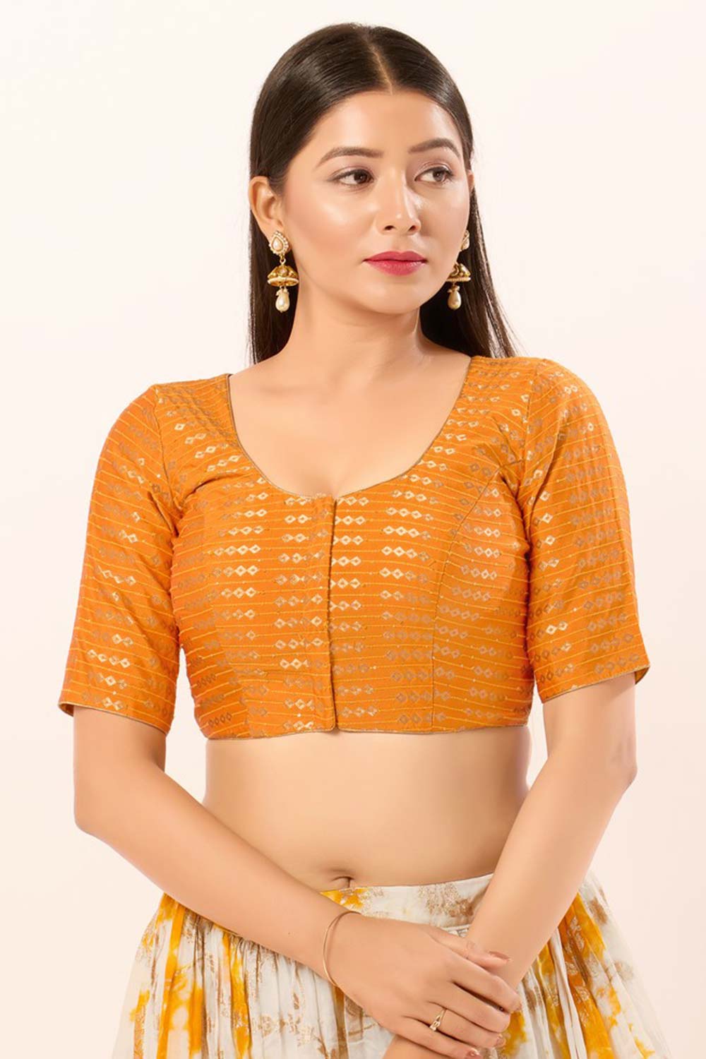 Mustard Brocade Round Neck Elbow Sleeves Blouse