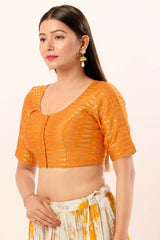 Mustard Brocade Round Neck Elbow Sleeves Blouse