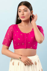 Pink Net Round Neck Elbow Sleeves Blouse