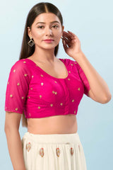 Pink Net Round Neck Elbow Sleeves Blouse