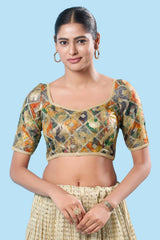 Gold Multi Brocade Back Open Elbow Sleeves Blouse