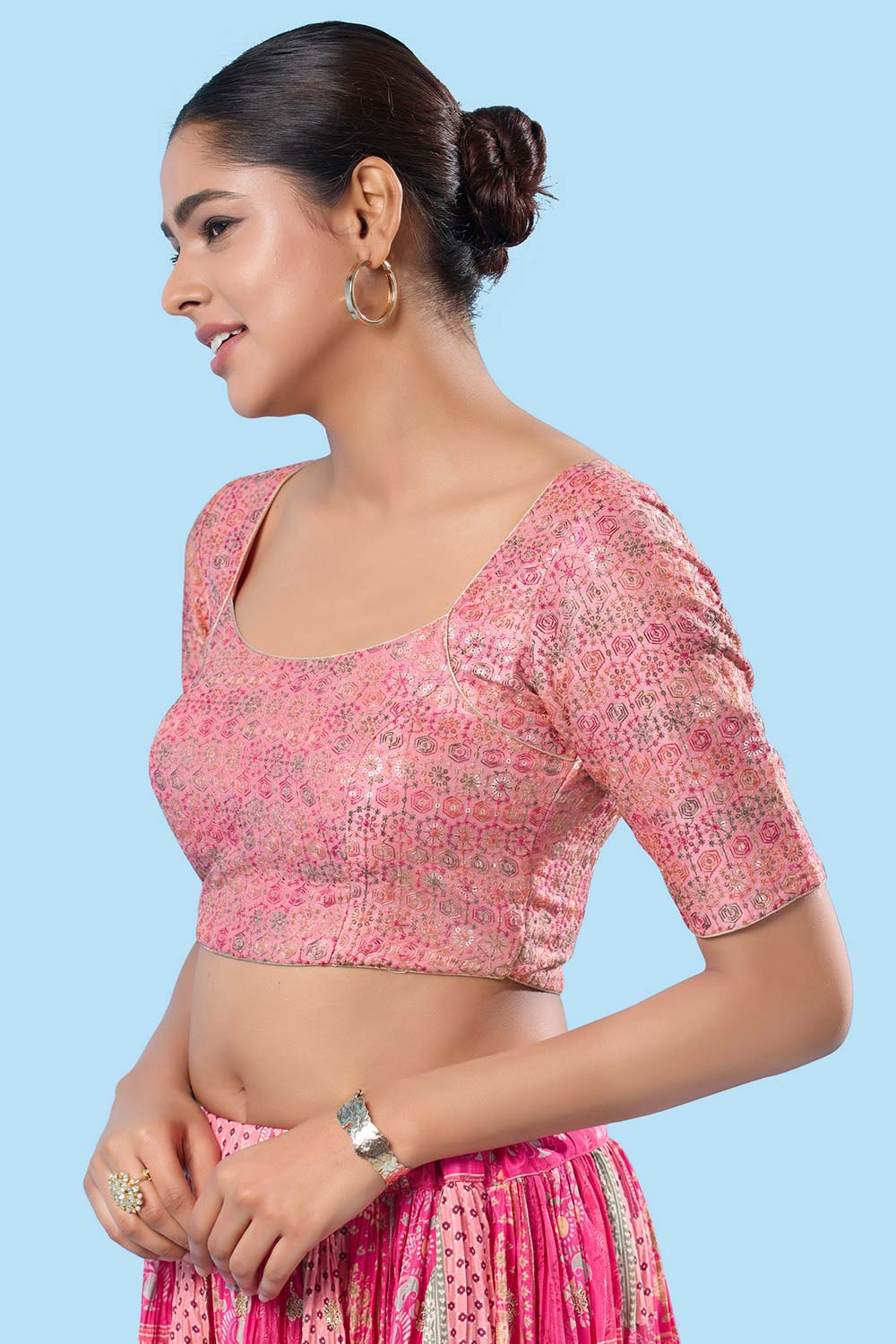 Light Pink Brocade Back Open Elbow Sleeves Blouse