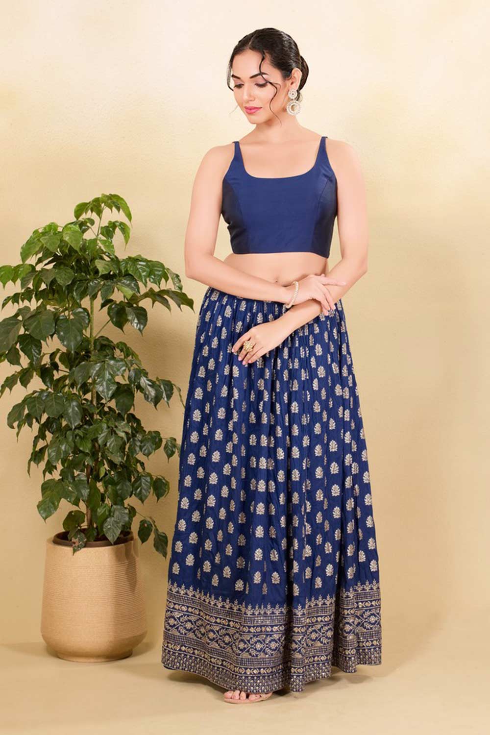 Navy Blue Brocade Woven Sleeveless Blouse