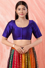 Purple Brocade Round Neck Elbow Sleeves Blouse