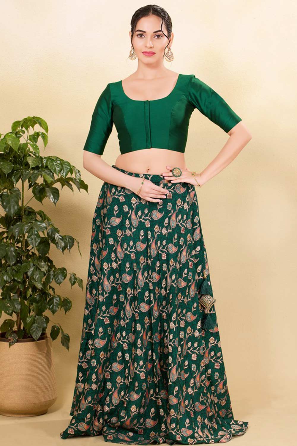 Green Brocade Woven Elbow Sleeves Blouse