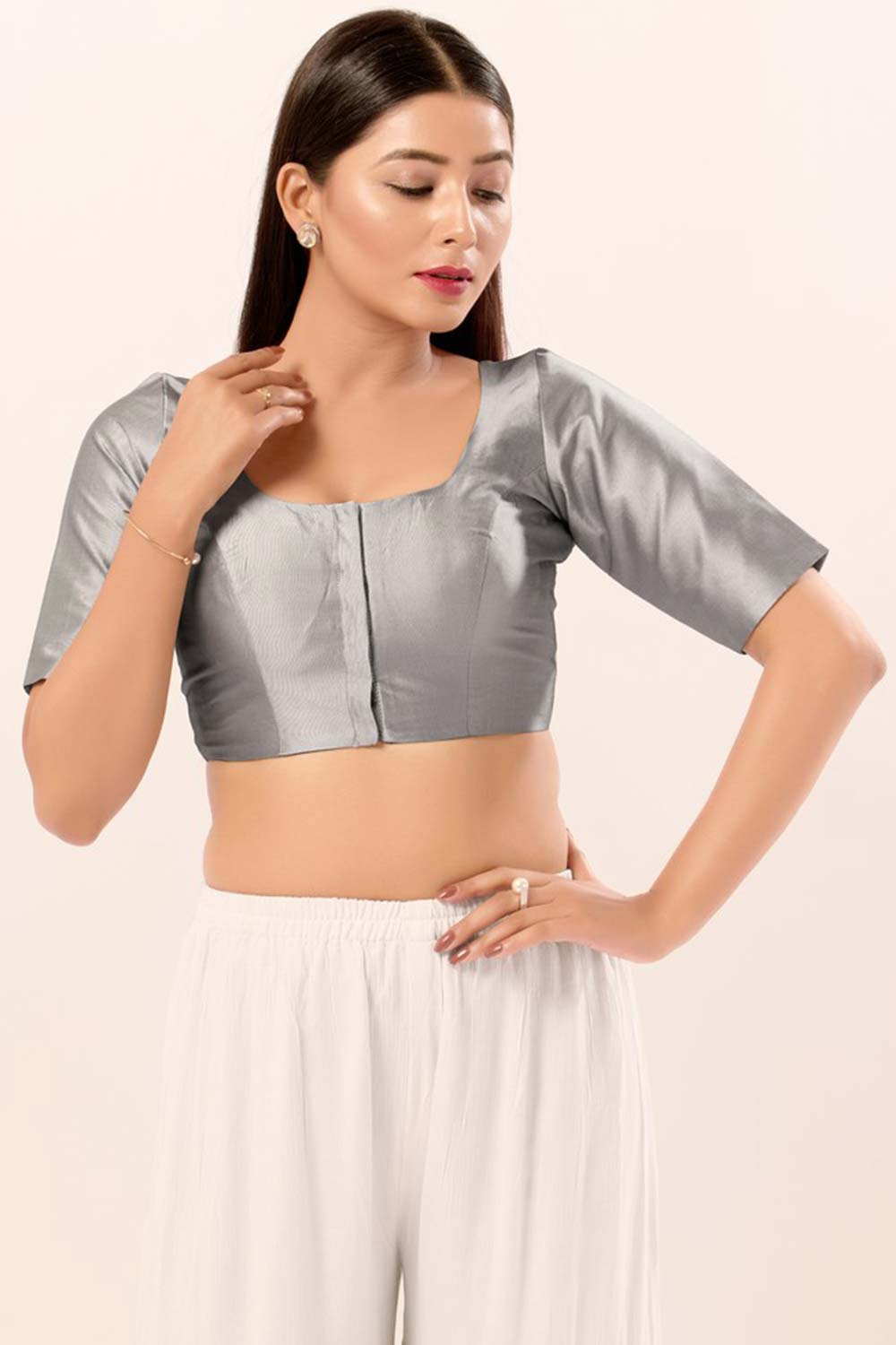 Grey Brocade Round Neck Elbow Sleeves Blouse